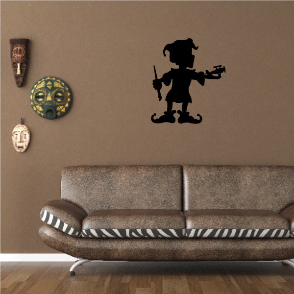 Wall decal of a Christmas elf cartoon character holding a paint brush and toy airplane