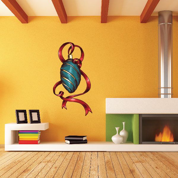 Christmas vinyl wall sticker with teal drop ornament and red flowing ribbon bow