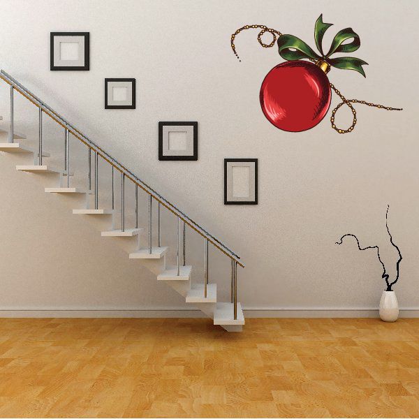 Christmas vinyl wall sticker ornament with red round bauble, green leaves, gold twine