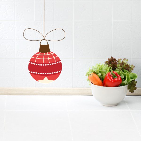 Hanging Christmas ornament decal, red and white striped ball with bow