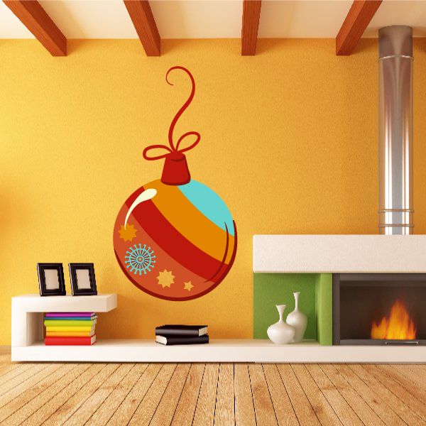 Christmas ornament decal, orange striped ball with red and blue accents, hanging bow