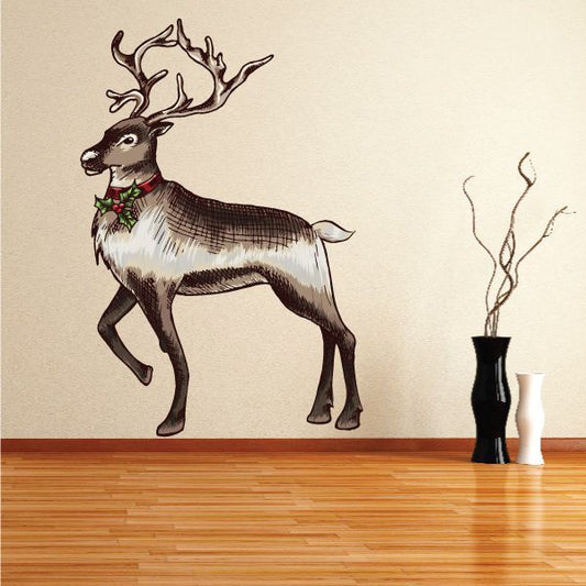 Reindeer buck Christmas wall sticker, standing deer with red-and-green bow scarf.