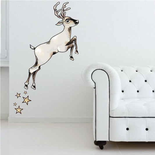 Leaping reindeer and star stickers, black outline with off-white deer and golden stars