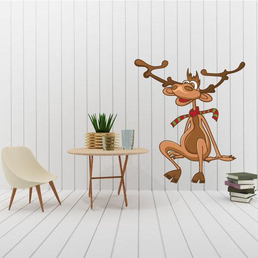 Cartoon reindeer sitting sticker with striped scarf and red nose