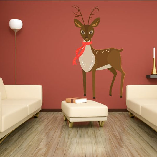 Christmas reindeer wall sticker: brown reindeer with red scarf and antlers