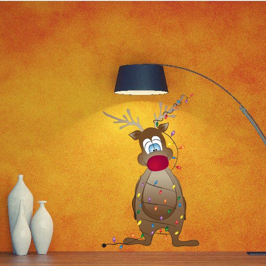 Brown cartoon reindeer wrapped in Christmas lights sticker