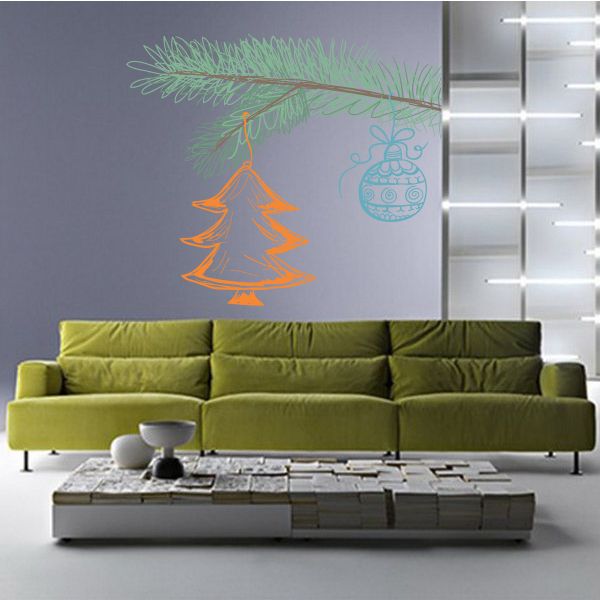 Christmas tree branch wall decal with orange tree and blue ornament