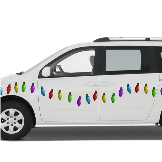 Vehicle adorned with magnetic Christmas light bulb decorations from the Xmas Light Bulb Magnets set