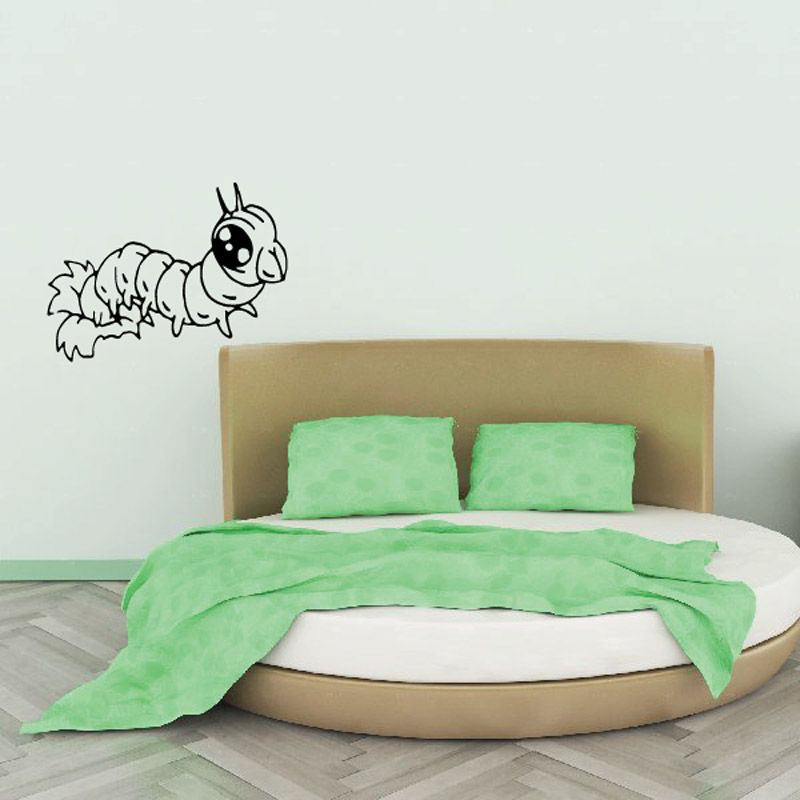 Cute caterpillar wall decal in black line art, segmented body with antennae