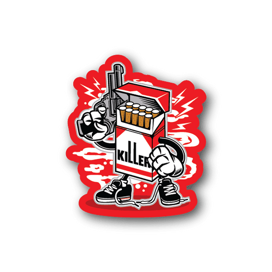 Vinyl sticker with red/black cartoon graphic, 'Killer' text and cigarette pack