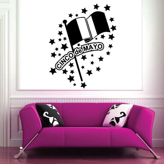 Cinco de Mayo wall decal with black-and-white cards, starburst, and ribbon text
