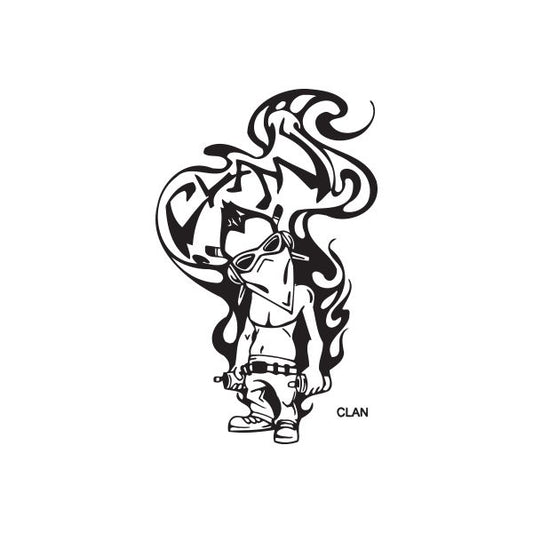 Graffiti-style clan decal sticker of cartoon character with flame swirls, black and white
