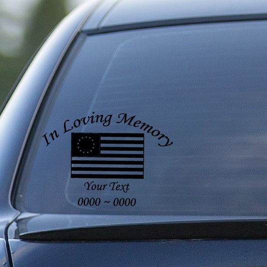 Memorial American flag decal for car window with “In Loving Memory” and custom text