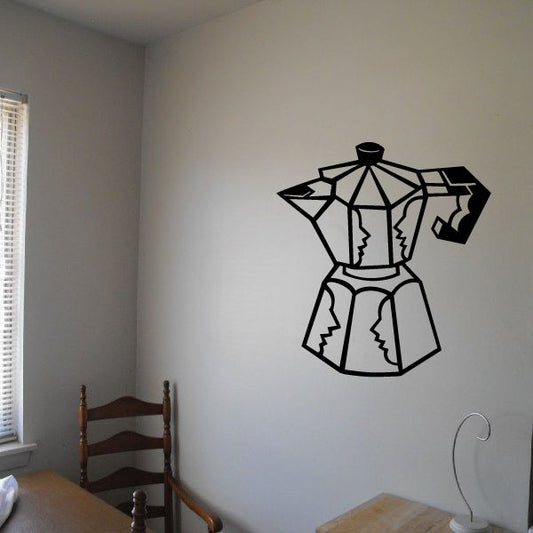 Classic coffee press decal in black line-art design with geometric outline