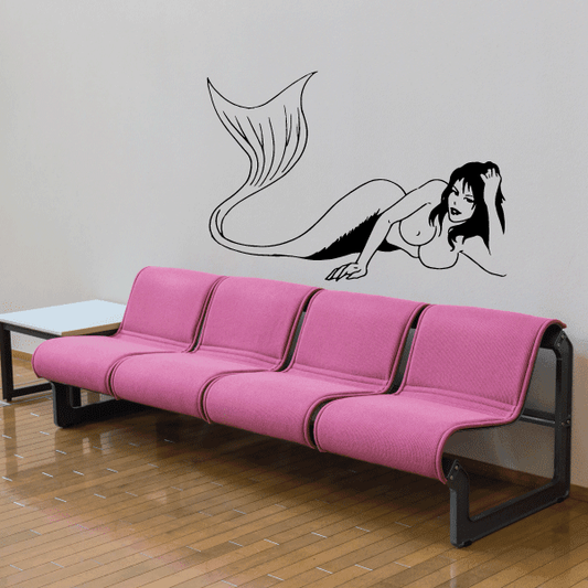 Mermaid sunbathing wall decal with outlined mermaid and curled tail
