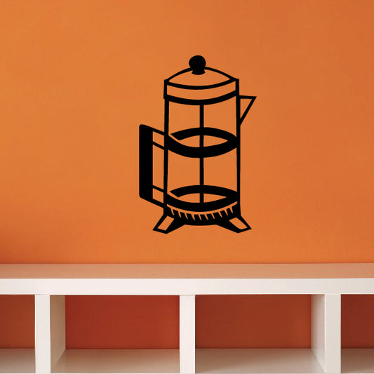 Coffee press wall decal with bold black line art of a press pot