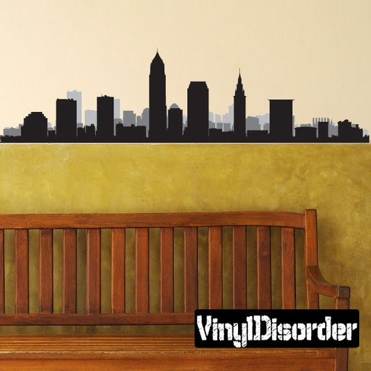 Cleveland skyline wall decal with black and gray buildings and tall central spire