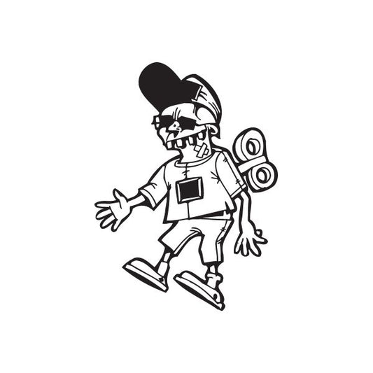 Clockwork Homeboy decal, black-and-white outline of boy holding speakers