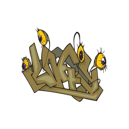 Graffiti sticker with beige and olive lettering, black outline, yellow eye motifs