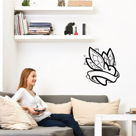 Black winged angel outline wall decal with heart motif