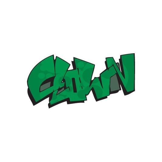 Graffiti-style sticker with green and black block letters