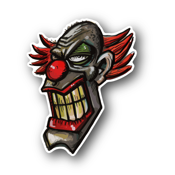 Grinning clown vinyl sticker, red nose, open mouth, red wings