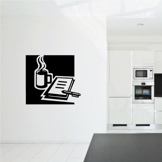 Coffee and work wall decal: steaming coffee cup with document icons