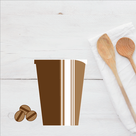 Coffee beverage sticker of brown cup with cream and striped bands, with coffee beans