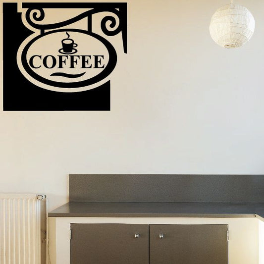 Coffee shop sign decal with coffee cup and “COFFEE” text on black background