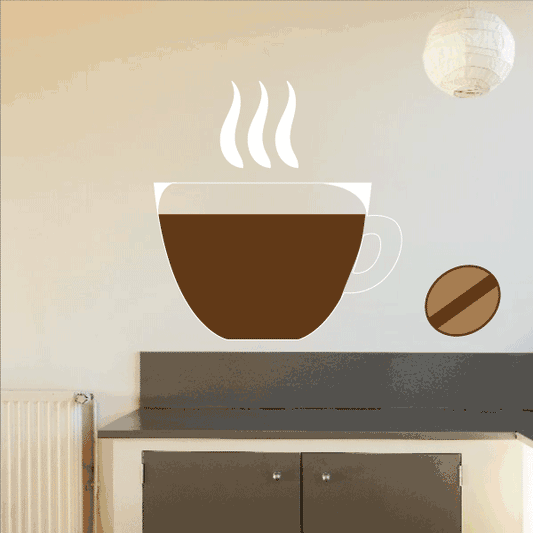 Coffee cup and bean sticker: white cup with steam and brown coffee bean