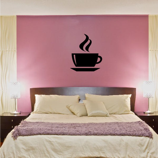 Coffee cup wall decal with steaming cup and saucer in black