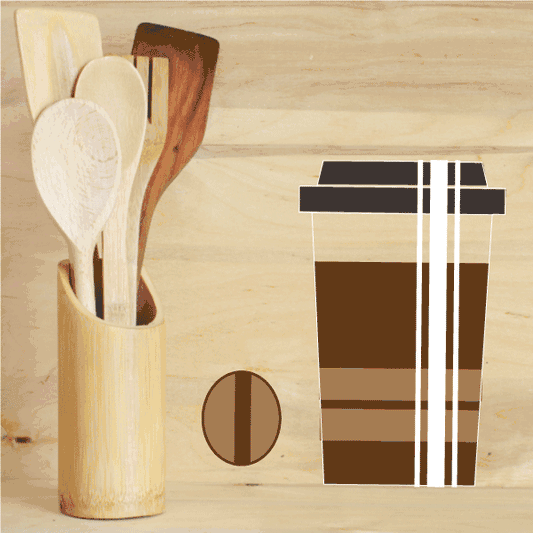 Coffee cup with lid sticker: white paper cup with brown lid and round sticker