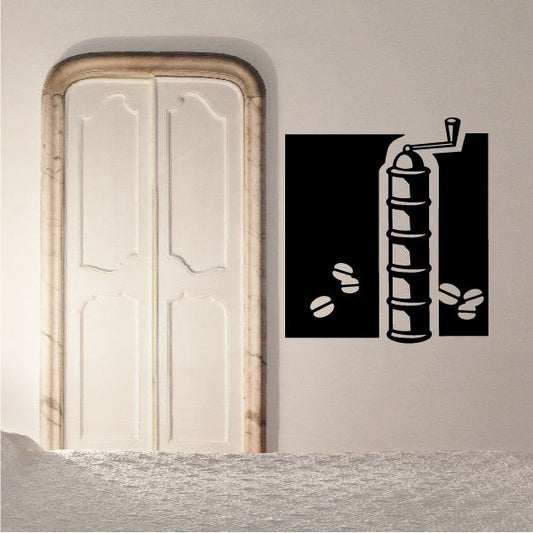 Coffee grinder decal: black coffee grinder icon with coffee beans on rectangle