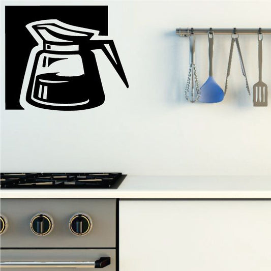 Coffee pot decal, white outlined coffee pot icon on black square