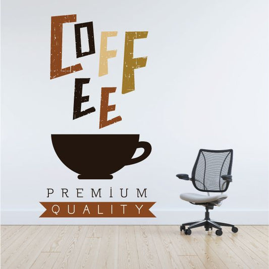 Coffee cup wall decal reading 'COFFEE' and 'PREMIUM QUALITY'