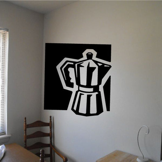 Coffee press decal sticker with white coffee press graphic on black square