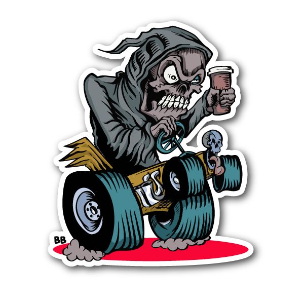 Grim reaper driving car vinyl sticker with skull face and steering wheel