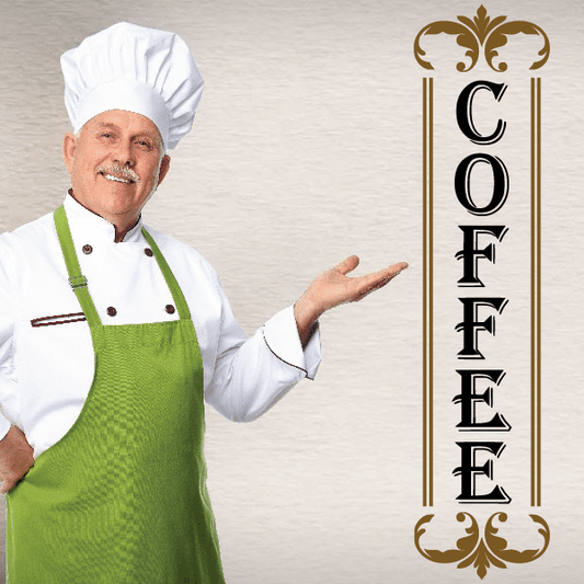 Coffee sign decal with vertical COFFEE lettering and ornate brown frame