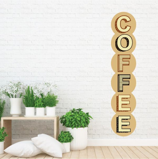 Coffee sticker with vertical COFFEE word in stacked beige and brown letter circles