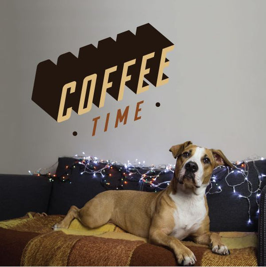 3D printed wall decal reading COFFEE TIME, cream and orange lettering on brown