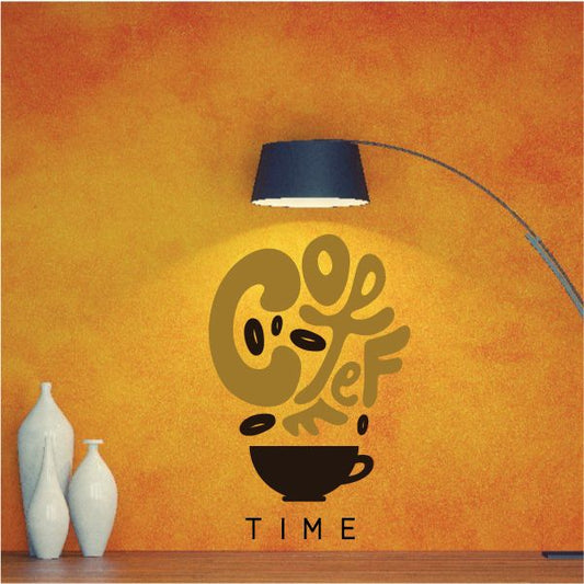 Coffee cup wall decal with stylized lettering and “TIME” underneath