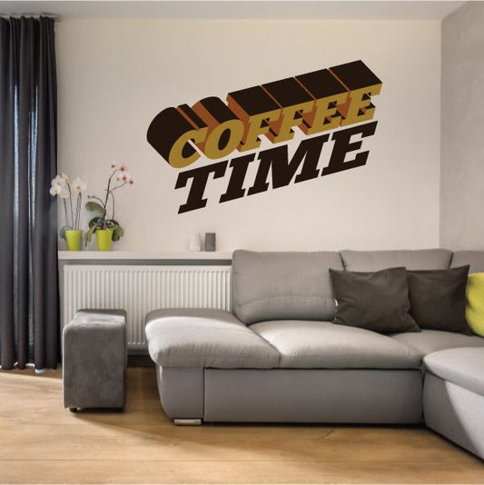 Coffee Time printed wall decal with brown coffee cup and bold white lettering