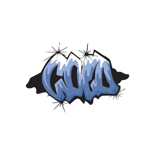 Graffiti sticker with bold blue tag lettering, black outline, and starburst accents