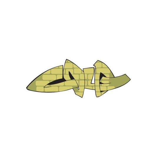 Graffiti-style sticker with green-yellow background and black text design