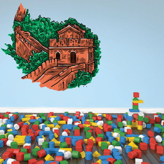 Colored Great Wall of China sticker with detailed wall illustration in warm tones