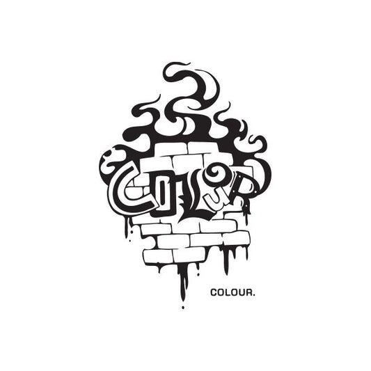 Graffiti style wall decal with black and white brick, swirl and drips design