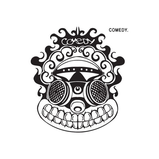 Black-and-white graffiti skull decal with headphones and COMEDY text