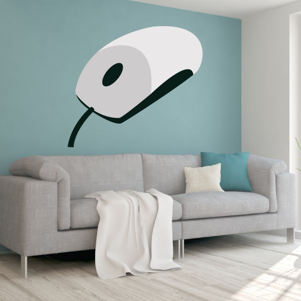 Vinyl mouse wall decal, white mouse face with black outline and ear, for wall