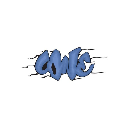 Graffiti-style sticker, blue spray-painted lettering