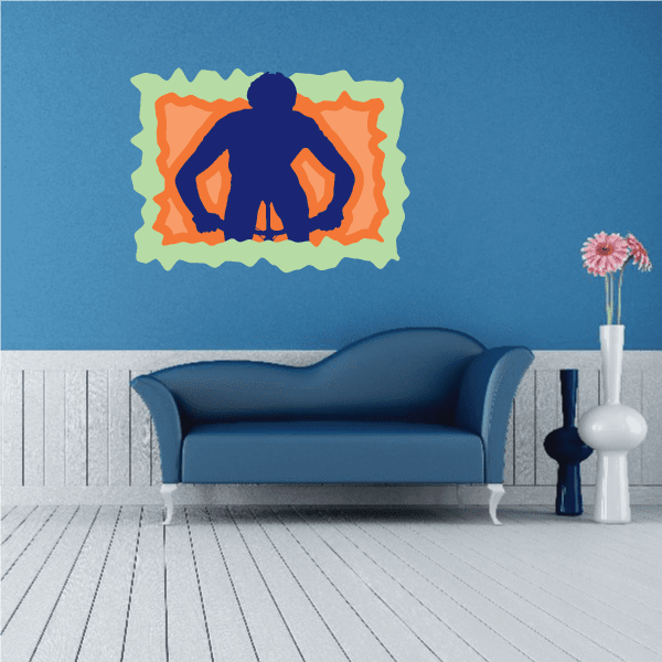 Cyclist sticker with dark blue rider helmet and orange flame accents in a light green frame
